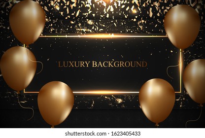 Luxury black frame background with golden balloons and shiny confetti decoration. Can use element greeting card, celebrating poster, banner event, festival flyer, grand opening corporate