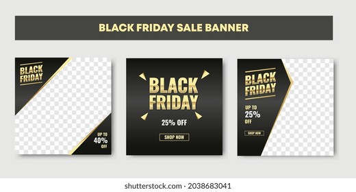 Luxury black friday social media post, template set design for promotion and marketing ad. Gold color and black. Internet and web graphic cover for mobile and smartphone product display.