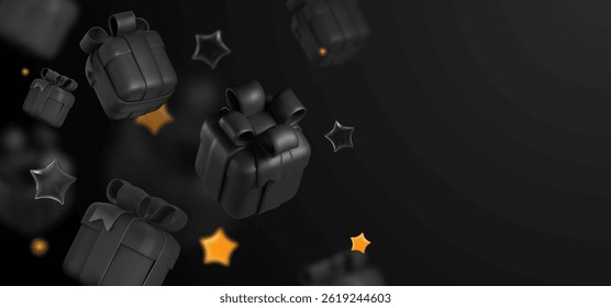 Luxury Black Gift Boxes with Bows and Glowing Stars on Dark Background, Perfect for Holiday Promotions, Sales, and Celebrations, Elegant 3D Design for Marketing. Vector Illustration.
