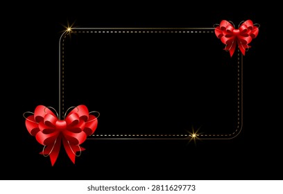 Luxury Black Gift Card Frame with Red Ribbon Bows and Golden Border Vector Template