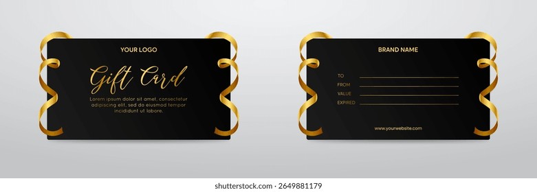 Luxury Black Gift Card with Golden curly Ribbons for Voucher or Gift Certificate