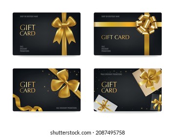 Luxury black gift cards decorated by gold ribbon with bows 2x2 realistic set isolated vector illustration