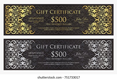 Luxury black gift certificate with gold and silver vintage ornament pattern