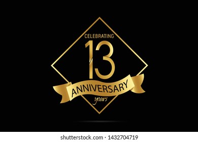 Luxury Black Gold 13 years anniversary, minimalist logo years, jubilee, Ribbon greeting card. Birthday invitation. Gold space vector illustration on black background - Vector