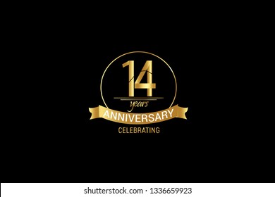 Luxury Black Gold 14 years anniversary, minimalist logo years, jubilee, Ribbon greeting card. Birthday invitation. Gold space vector illustration on black background - Vector