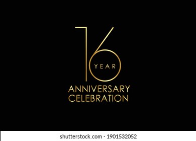 Luxury Black Gold 16 years anniversary, minimalist logo years, jubilee, Ribbon greeting card. Birthday invitation. Gold space vector illustration on black background - Vector