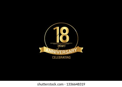 Luxury Black Gold 18 years anniversary, minimalist logo years, jubilee, Ribbon greeting card. Birthday invitation. Gold space vector illustration on black background - Vector