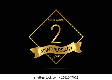 Luxury Black Gold 2 year anniversary jubilee, Ribbon greeting card. Birthday invitation. Gold space vector illustration on black background - Vector