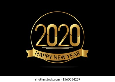 Luxury Black Gold 2020 happy new years anniversary, minimalist logo years, jubilee, Ribbon greeting card. Birthday invitation. Gold space vector illustration on black background - Vector