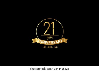Luxury Black Gold 21 years anniversary, minimalist logo years, jubilee, Ribbon greeting card. Birthday invitation. Gold space vector illustration on black background - Vector