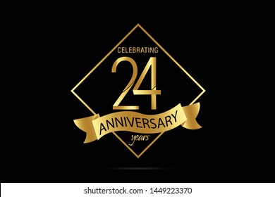 Luxury Black Gold 24 years anniversary, minimalist logo years, jubilee, Ribbon greeting card. Birthday invitation. Gold space vector illustration on black background - Vector