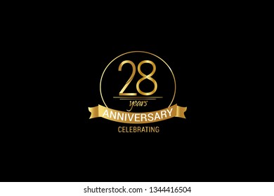 Luxury Black Gold 28 years anniversary, minimalist logo years, jubilee, Ribbon greeting card. Birthday invitation. Gold space vector illustration on black background - Vector