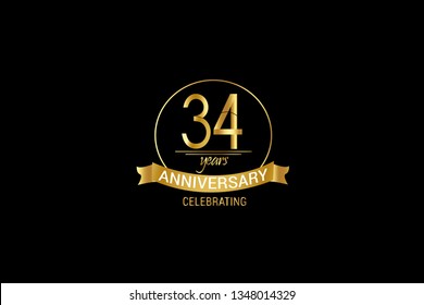 Luxury Black Gold 34 years anniversary, minimalist logo years, jubilee, Ribbon greeting card. Birthday invitation. Gold space vector illustration on black background - Vector