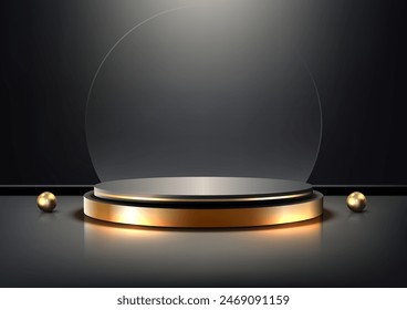 Luxury Black and Gold 3D Podium for Product Display with Circle Glass and Golden Balls in Elegant Showroom Lighting, Product Display, Mockup, Showroom, Showcase