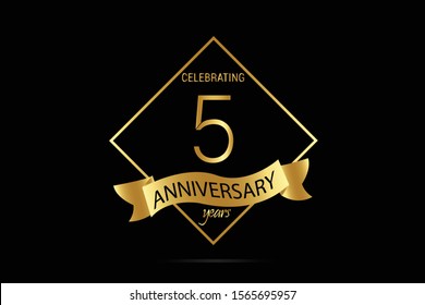 Luxury Black Gold 5 year anniversary jubilee, Ribbon greeting card. Birthday invitation. Gold space vector illustration on black background - Vector