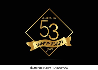 Luxury Black Gold 53 year anniversary jubilee, Ribbon greeting card. Birthday invitation. Gold space vector illustration on black background - Vector