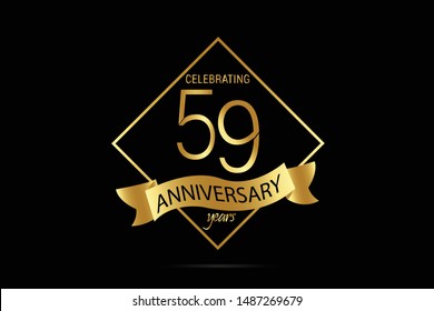 Luxury Black Gold 59 year anniversary jubilee, Ribbon greeting card. Birthday invitation. Gold space vector illustration on black background - Vector