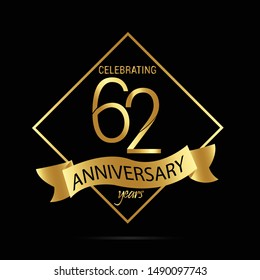 Luxury Black Gold 62 year anniversary jubilee, Ribbon greeting card. Birthday invitation. Gold space vector illustration on black background - Vector