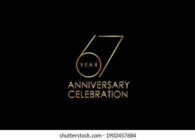 Luxury Black Gold 67 years anniversary, minimalist logo years, jubilee, Ribbon greeting card. Birthday invitation. Gold space vector illustration on black background - Vector