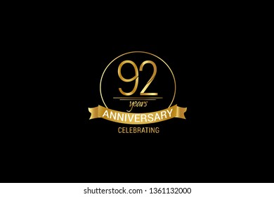 Luxury Black Gold 92 years anniversary, minimalist logo years, jubilee, Ribbon greeting card. Birthday invitation. Gold space vector illustration on black background - Vector