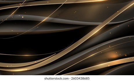 Luxury black and gold abstract background with twinkling lights.