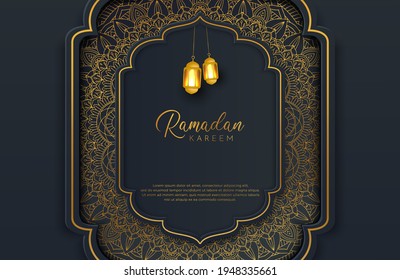 Luxury black gold background banner with islamic arabesque mandala ornament on dark surface