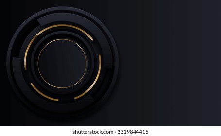 Luxury black gold background with frame circle and shadow. Modern textured dark blue background with realistic geometric shapes.