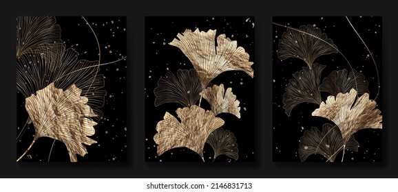 Luxury black and gold background with ginkgo leaves in line art style. Botanical art print for decor, interior design, packaging, wallpaper, textile