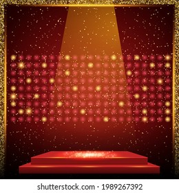 Luxury black and gold background with podium. Design for presentation, concert, show. Vector illustration