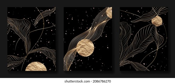 Luxuriöser, schwarzer goldener botanischer Hintergrund. Kunstlineares modernes Design für Innendekoration, Drucke, Textilien