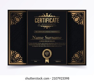 Certificado de lujo en negro y oro con color de marco dorado