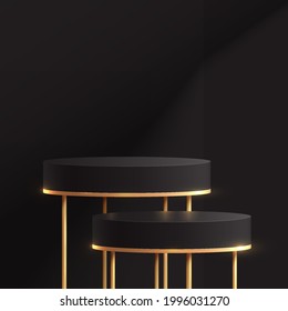 Luxury black, gold cylinder pedestal podiums. Golden table legs. Dark color minimal wall scene with window lighting. Vector rendering 3d shapes, product display presentation. Abstract studio room.