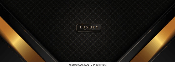 Luxury Black Gold Geometric Pattern Background with Black Border Line, Design Elegant HD Wallpaper Graphics, Web Templates Cover Design, Horizontal Size.