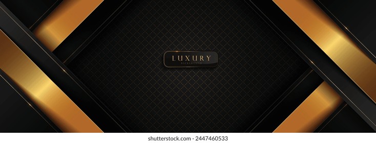 Luxury Black Gold Geometric Pattern Background with Black Border Line, Design Elegant HD Wallpaper Graphics, Web Templates Cover Design, Horizontal Size.