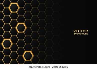 Luxury black and gold hexagon background with metallic texture and light shadow effect. Elegant modern design. Vector illustration.