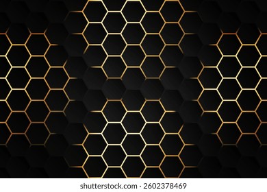 Luxury black and gold hexagon background with metallic texture and light shadow effect. Elegant modern design. Vector illustration.