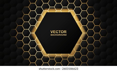 Luxury black and gold hexagon background with metallic texture and light shadow effect. Elegant modern design. Vector illustration.