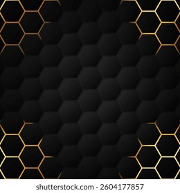 Luxury black and gold hexagon background with metallic texture and light shadow effect. Elegant modern design. Vector illustration.