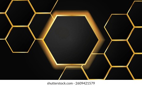 Luxury black and gold hexagon background with metallic texture and light shadow effect. Elegant modern design. Vector illustration.