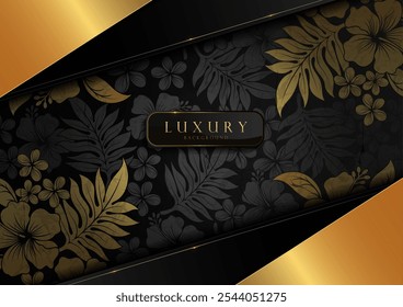 Luxury Black and Gold Hibiscus Background with Diagonal Graphic Lines, Elegant Floral Design for Invitations, Branding, and Web Templates, Vector Illustration, Not created by AI.