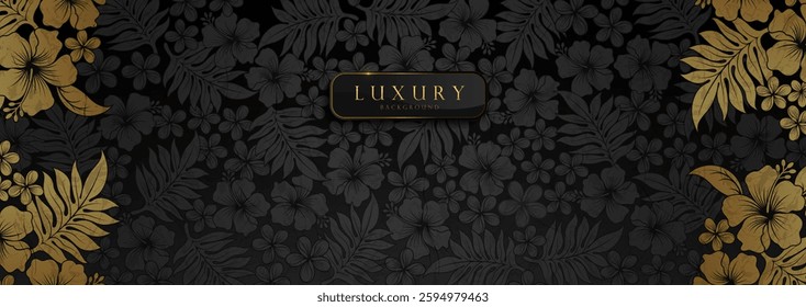 Luxury black and gold hibiscus background, horizontal floral design template for invitations, branding, and websites, elegant vector illustration, Not AI-Generated