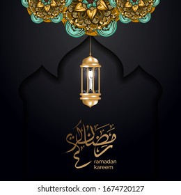 luxury black and gold islamic background illustration. gold lantern with crecent moon and mandala ornament