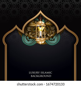 luxury black and gold islamic background illustration. gold lantern with crecent moon and mandala ornament