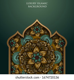 luxury black and gold islamic background illustration. gold lantern with crecent moon and mandala ornament
