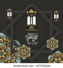 luxury black and gold islamic background illustration. gold lantern with crecent moon and mandala ornament