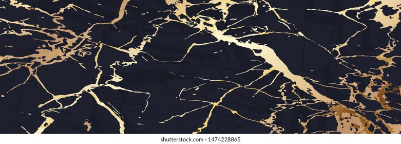 Luxury Black and Gold Marble texture background vector. Panoramic Marbling texture design for Banner, invitation, wallpaper, headers, website, print ads, packaging design template.