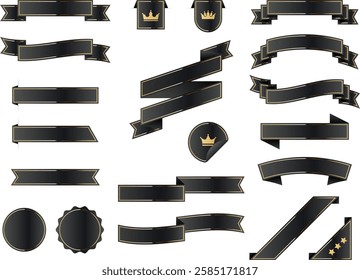 Luxury black and gold ribbons, banners and badges set with glossy metallic look. Decorative vector illustration elements with blank space for luxury advertising, premium promotions and elegant labels