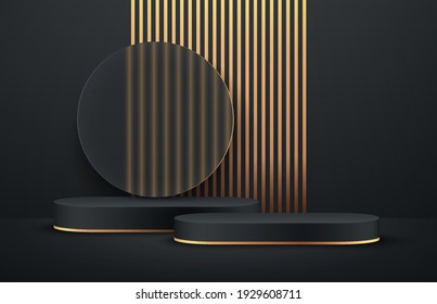 Luxury black and gold round podium with transparent glass and vertical golden stripes background. 
Abstract vector rendering 3d shape for advertising products display. Minimal scene studio room.