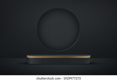 Luxury black and gold round podium with dark empty room and geometric pattern background. Abstract vector rendering 3d shape for advertising products display. Minimal scene studio room.