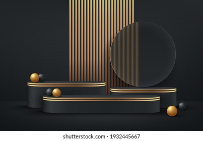 Luxuriöses, schwarz-goldenes rundes Podium auf dunklem, leerem Raumhintergrund und schwarz-goldener Kugel. Abstrakte Vektorgrafik 3D-Form für die Anzeige von Werbeprodukten. Minimaler Studioraum.